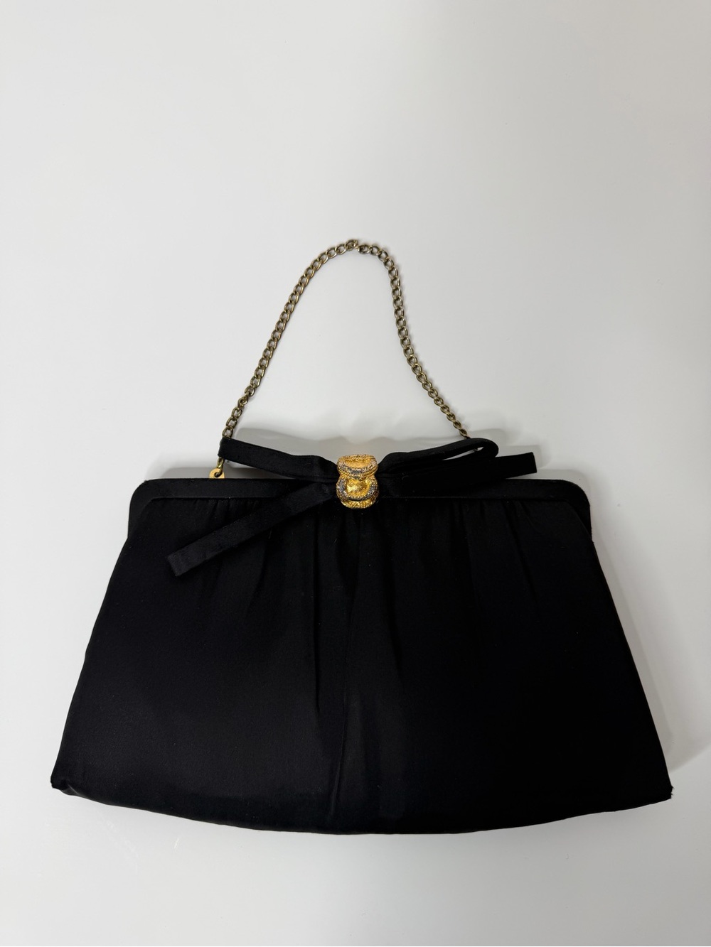Vintage Black Satin Evening Clutch with Gold Chain and Bow Accent